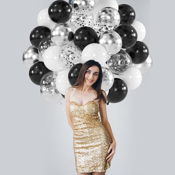 60pcs Black White Silver Balloon Kit - 12" Metallic Silver Black & White Confetti Balloons for New Year Eve, Black Tie Wedding, Disco Birthday Decor