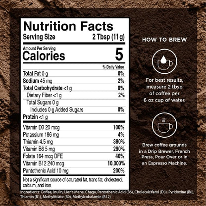 VitaCup Focus Mushroom Coffee Grounds, with Lions Mane, Chaga, B Vitamins, D3, Boost Focus, Immunity, Memory & Clarity, Medium Dark Roast, Bold & Smooth 100% Arabica Specialty, 4 bags, 10oz each