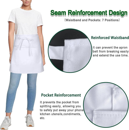 4 Pack Short Server Waitress Chef Apron, White Waist Aprons with 3 Pockets for Women Men, Half Apron for Waiter Cooking Dishwashing Cleaning Painting Gardening Barbecue (Polycotton - White)