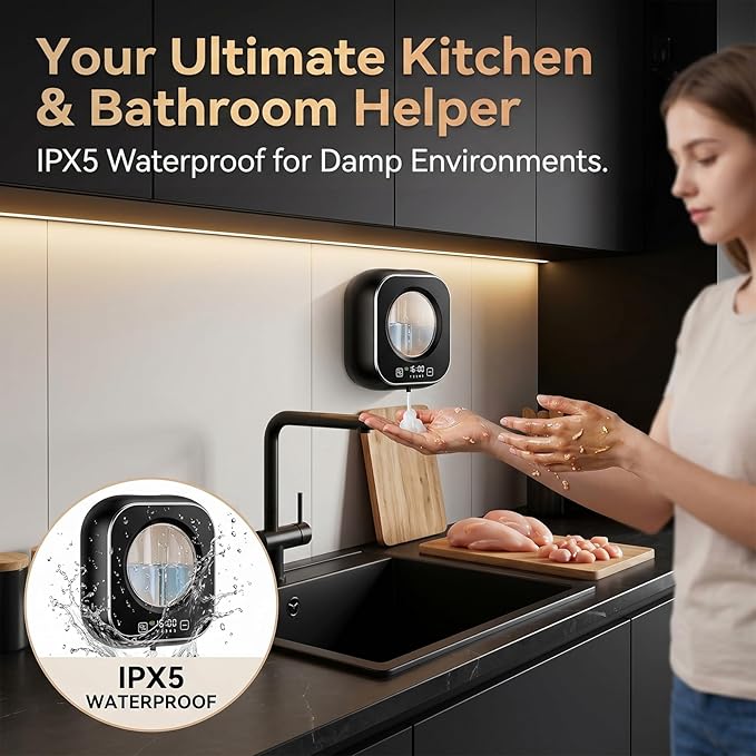Automatic Foam Soap Dispenser Bathroom,Wall Mounted Touchless Foaming Soap Dispenser Rechargeable with Smart LCD Display & 5-Level Adjustable Foam,Electric Dispenser for Kitchen Office (Black)