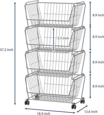 PUSDON 4-Tier Large Stackable Wire Storage Baskets with Wheels, Metal Rolling Utility Cart Organizer, Fruit and Vegetable Produce Basket for Kitchen Pantry, Bathroom Floor Shelf, Silver Grey