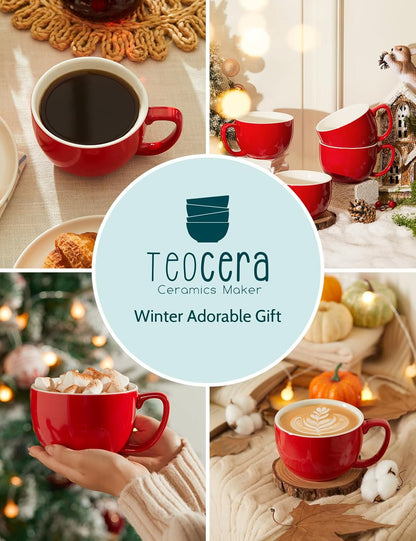Teocera 16oz Large Coffee Mugs Set of 4 - Thick White Porcelain Cups for Cappuccino, Latte, Tea & Hot Chocolate