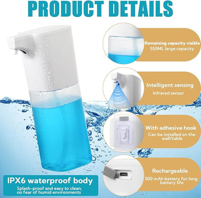 4 Pack Automatic Soap Dispenser Touchless Liquid Soap Dispenser 18.5oz/550ml 4-Level Adjustable Waterproof USB Rechargeable Dispenser Electric Wall Mounted for Bathroom Kitchen Dish Hand Soap