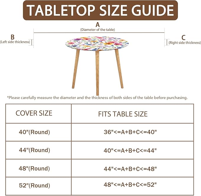 Spring Summer Floral Round Fitted Tablecloth with Elastic Watercolor Flower Outdoor Circle Table Cloth for 36-40" Tables Colorful Stretch Waterproof Washable Table Cover for Picnic Dining Party Decor