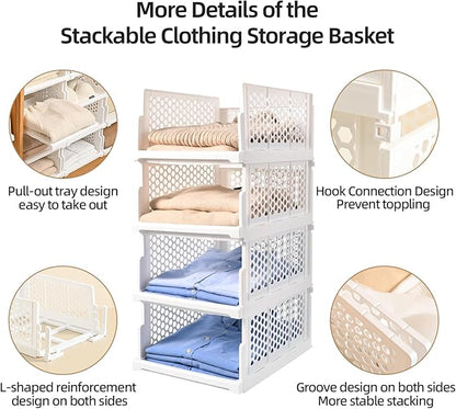 Pull-out Plastic Storage Basket,Stackable Closet Organizers Drawer Anti-Tipping, Reinforced Stable Shelf Container for Bathroom Laundry Room Storage, Space-Saving Clothes Storage (white, Large-4pcs)