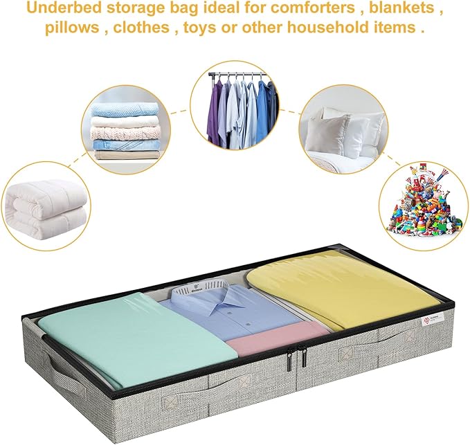 4.5 Inches Under Bed Storage Containers with Sturdy Sidewalls/Bottom and Reinforced Handles，Low Profile Underbed Storage for Clothes,Shoes,Pillows and Blankets with Zips and Clear Windows,2 Pack