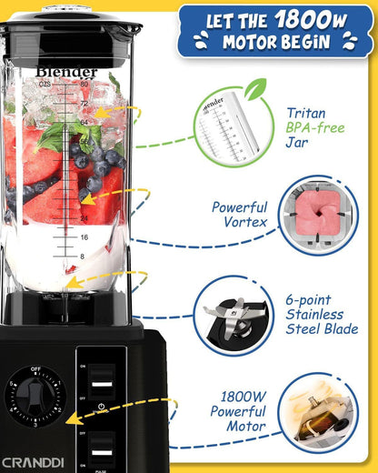 CRANDDI Commercial Blenders 1800W, 80oz Professional High-Speed Countertop Blenders for Smoothies, Self-Cleaning, Come with Tamper and 20oz to-go cup, K95 (Black)