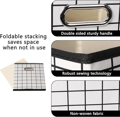 Yunkeeeper storage bins Cubes, Fabric Cube Organizer with Handle, Foldable Cube Bins for Cloth or Accessary Storage, 11x11x11, Set of 6, (White grid)