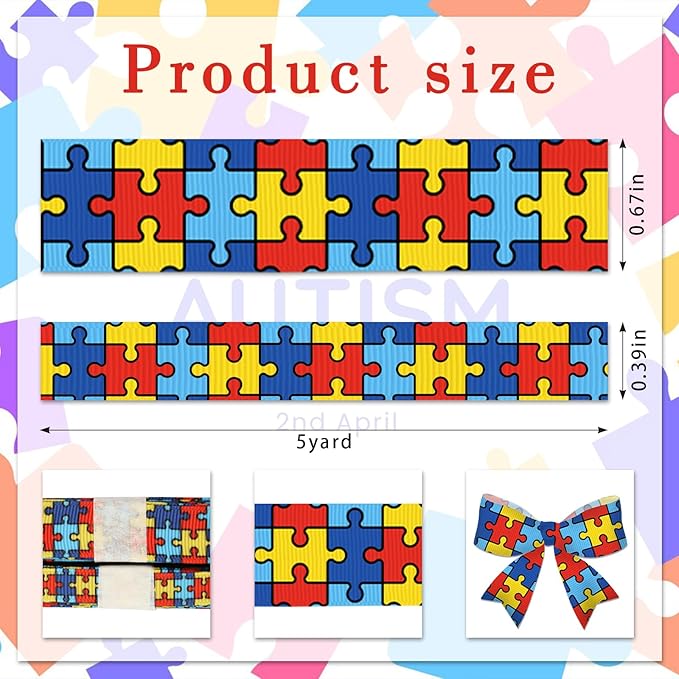 2 PCS Autism Awareness Grosgrain Ribbons 3/8" 3/4" Multi-Colored Jigsaw Puzzle Pieces Decor Ribbons 5 Yards, Autism Awareness Month Craft Ribbons for Gift Packaging Fundraising DIY Supplies