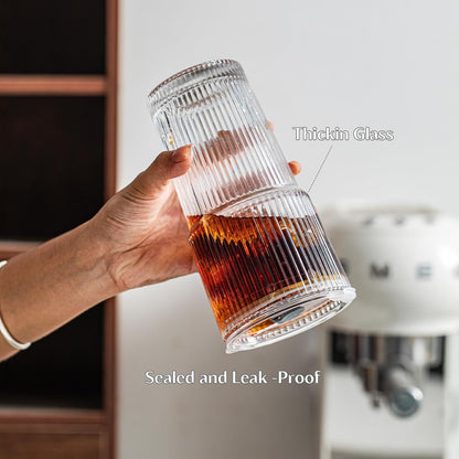 Insetlan 20 oz Ribbed Glass Tumblers with Lids and Glass Straws – 4-Piece Glassware Set, Thickened Glass, Ideal for Iced Coffee, Smoothies, Cocktails