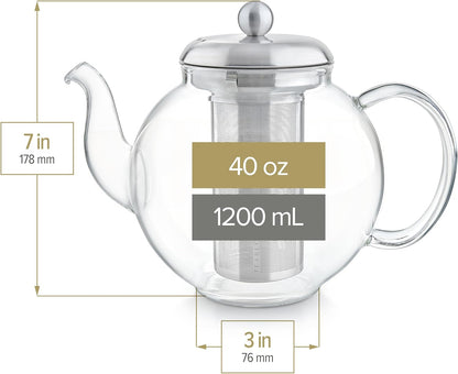 Teabloom Heritage Borosilicate Glass Teapot – 40 oz Classic Round Design with Stainless Steel Infuser – Stovetop Safe, Drip-Free Spout
