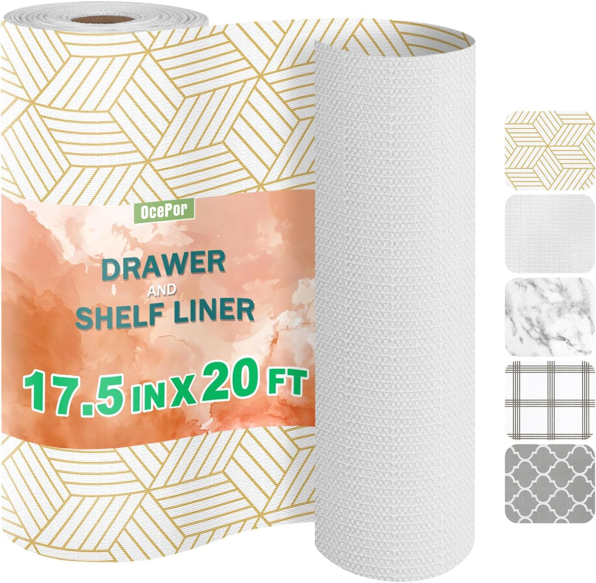 OcePor Non-Adhesive Drawer and Shelf Liner 17.5IN x 20FT, Non-Slip Kitchen Cabinet Liner Non-Adhesive Thick Strong Grip Waterproof Washable 17.5" x 20'