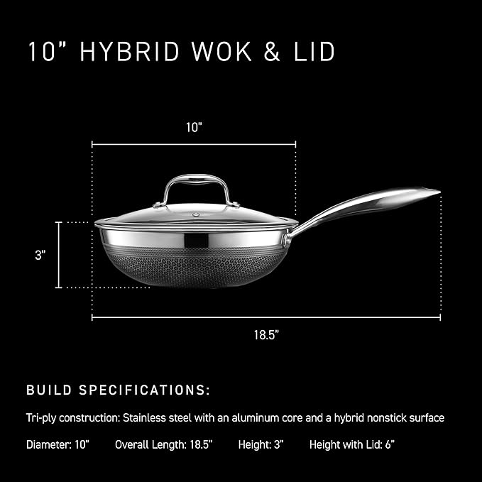 HexClad Hybrid Nonstick 10-Inch Wok with Stainless Steel Lid, Stay-Cool Handle, Dishwasher-Friendly, Oven-Safe Up to 900°F, Induction Ready, Compatible with All Cooktops