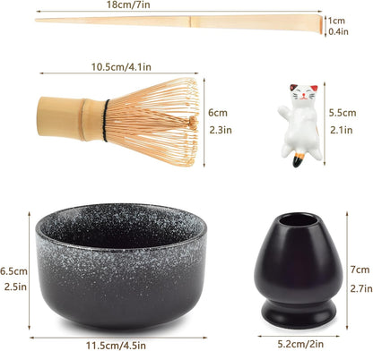 Matcha Tea Set, Matcha Accessories, Matcha Whisk Set Included Matcha Bowl, Bamboo Matcha Whisk, Scoop, Matcha Whisk Holder, Spoon Stand, Japanese Matcha Set for Beginners, Black