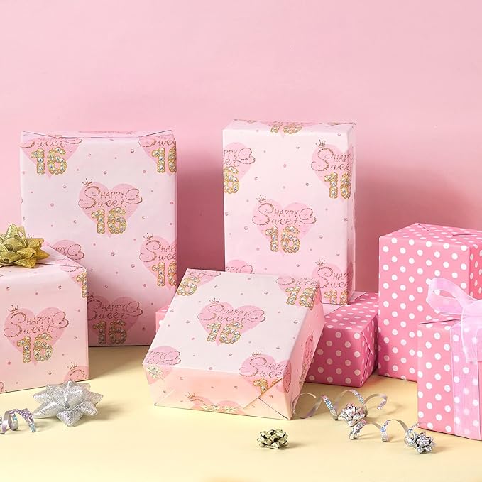 WERNNSAI Sweet 16 Birthday Wrapping Paper - 1 Roll 17”x 33ft Happy Birthday Wrapping Paper Pink Love Heart Gift Wrap for Girls Daughter Granddaughter Friends Sweet Sixteen Gifts Supply
