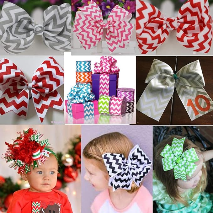 Chevron Printed Grosgrain Ribbon 1 Inch Fabric Ribbon Set Multi Color for Gift Wrapping Holiday Wedding Party Decoration Hair Bow Accessories DIY Crafts Baby Shower 30 Yards