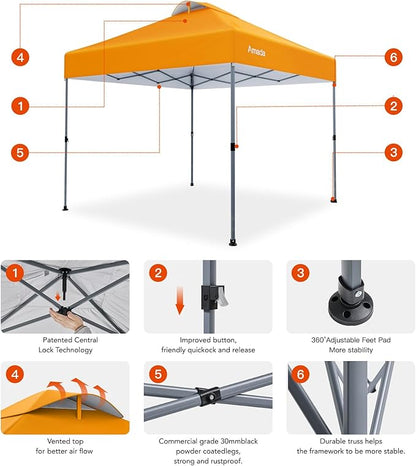 Amada 10x10 Pop Up Canopy - Center Lock One Push Instant Setup Wheeled Gazebo Outdoor Canopy Beach Tent with STO-N-Go Bag 8 Stakes & 4 Sand Bags, 3-Height Adjustable Shade Shelter (10x10ft, Orange)
