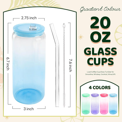 Joyclub 20oz Glass Cups with Acrylic Lids and Straws 12 Set Can Shaped Glass Iced Coffee Cups with Lids, Gradient Drinking Glasses Cute Tumbler Cup Great for Smoothie Soda Boba Tea Cocktail Beer Gift