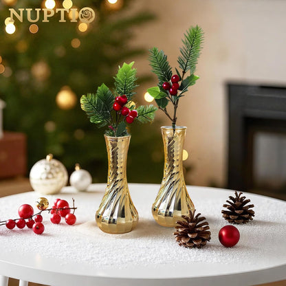 NUPTIO Glass Bud Vase Gold: 6 Pcs Small Flower Vases for Wedding Party Table Centrepiece - Vintage Ribbed Vase for Home Birthday Reception Decorations