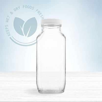 kitchentoolz 16oz Glass Milk Bottles with Lids – 16 oz Reusable Glass Bottles for Milk, Creamer, Juice, Smoothies, Kefir &amp; Yogurt – Airtight Square Drinking Jars for Lunch Box &amp; Fridge – 4 Pack