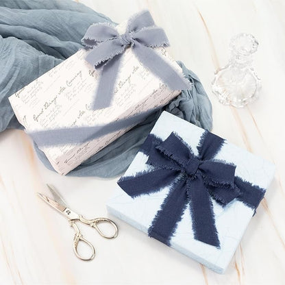 Dark Blue Cotton Ribbon 1 Inch Navy Blue, Dusty Blue & Baby Blue 3 Rolls 21 Yards Frayed Edge Fabric Set for Formal Wedding Decor, Graduation Party, Father's Day, Gift Wrapping & DIY Crafts
