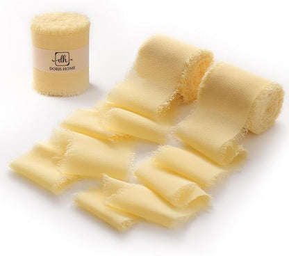 DORIS HOME Yellow Chiffon Ribbon for Flower Bouquet, 2" x21Yd Fabric Ribbon for Gift Wrapping, Handmade Frayed Ribbon for Wedding/Christmas Decorations