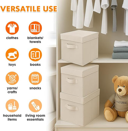 ShellKingdom Storage Bins, Foldable Fabric Storage Cubes with Lid, Clothes Storage Organizer Drawer For Closet Toys Storage, 13 X 13 X 13 INCH, 2 Pack (Beige)