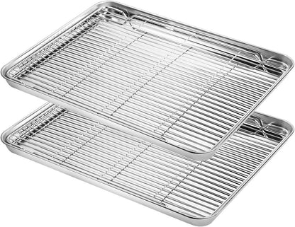 Baking Sheet with Cooling Rack Set (2 Pans + 2 Racks), Yododo Stainless Steel Baking Pan Cookie Sheet Cookie Pan with Rack, Size 16 x 12 x 1 Inch, Mirror Finish & Non Toxic & Heavy Duty & Easy Clean