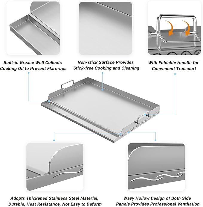 Skyflame Universal Stainless Steel Griddle Plate with Even Heating Bracing for BBQ Charcoal/Gas Grills, 23" x 16" Rectangular Hibachi Flat Top Griddle for Indoor/Outdoor Cooking