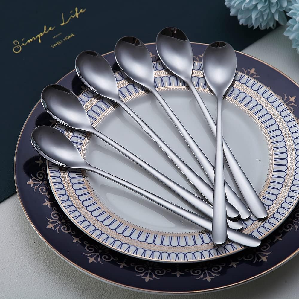 Premium Stainless Steel Coffee Stirrer Set, Long Handle, Ice Tea & Cream Spoons, Cocktail Stirrer - Set of 6 (Silver)