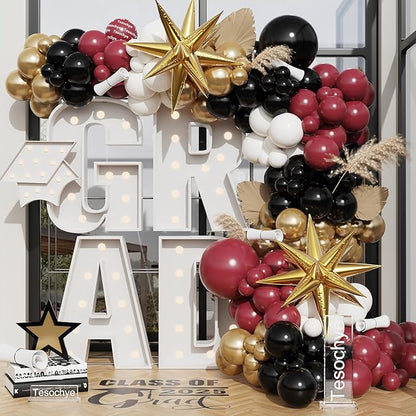 Burgundy Balloon Arch Garland Kit,Burgundy Maroon and Gold White Black Balloons Exploding Star Foil Balloons for New Year Decorations Graduation Retirement Birthday Wedding Party Supplies