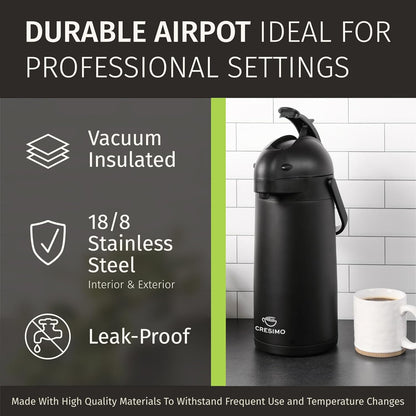 Airpot Coffee Dispenser With Pump, Black - 12 Hours Hot Water Dispenser with Pump, 36 Hours Cold - Coffee Thermal Carafe for Hot Drinks