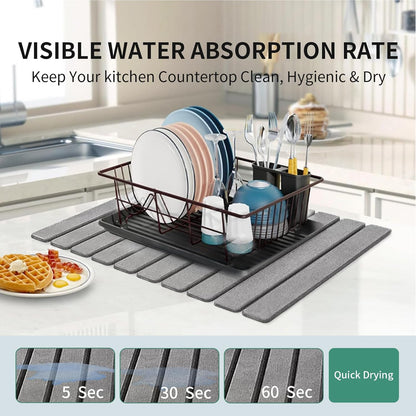 Stone Drying Mat for Kitchen Counter, Collapsible Dish Drying Mat, Fast Drying Diatomaceous Earth Dish Drying Mats, Water Absorbent Diatomite Kitchen Mat (dark grey, medium)