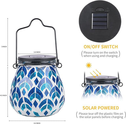 Afirst Mosaic Solar Lanterns - Glass Hanging Lights Hollow Out Waterproof Outdoor Decorative for Garden, Patio, Holiday Party Outdoor Decoration, 1 Pack
