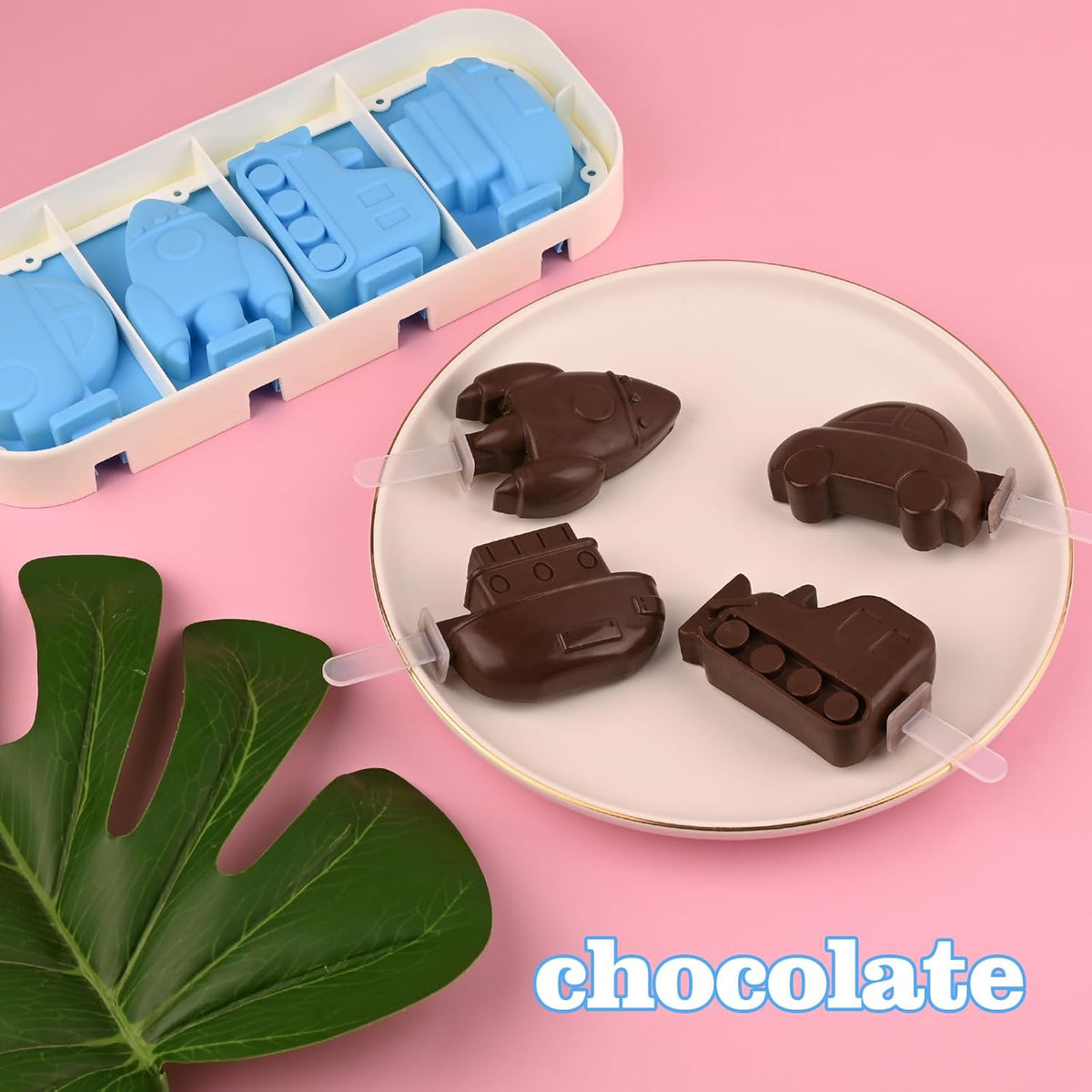 Sakolla 2 Pack Silicone Popsicle Molds with Sticks & Lid, 4-Cavity Mini Popsicle Molds for Kids - Cars, Ships, Train