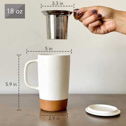 Mora Ceramics Large Tea Mug with Loose Leaf Infuser and Ceramic Lid, 18 oz, Portable, Microwave and Dishwasher Safe, Tall Coffee Cup