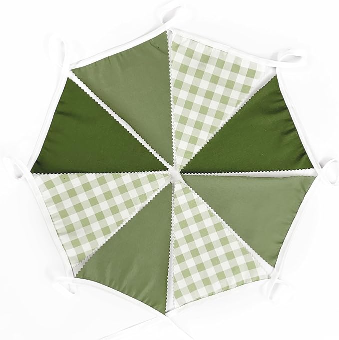 32Ft Sage Green Party Decorations Sage Gingham Banner Olive Green Buffalo Plaid Checkered Triangle Flag Pennant Fabric Garland Streamers for Birthday Baby Shower Wedding Picnic Golf Party Decorations