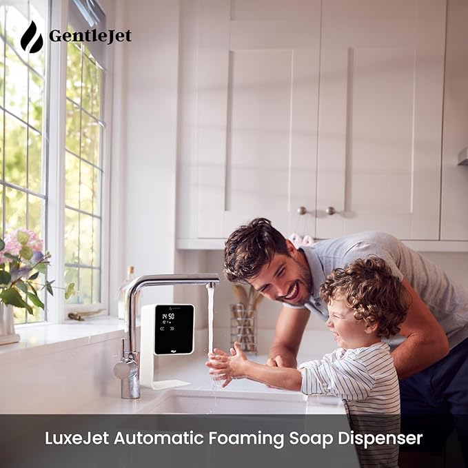 GentleJet LuxeJet Automatic Foaming Soap Dispenser – Touchless Sensor, LED Display, 5 Foam Levels, Wall Mount or Countertop, Rechargable USB-C or Battery Powered, Aluminum Alloy, 480 ml Refillable