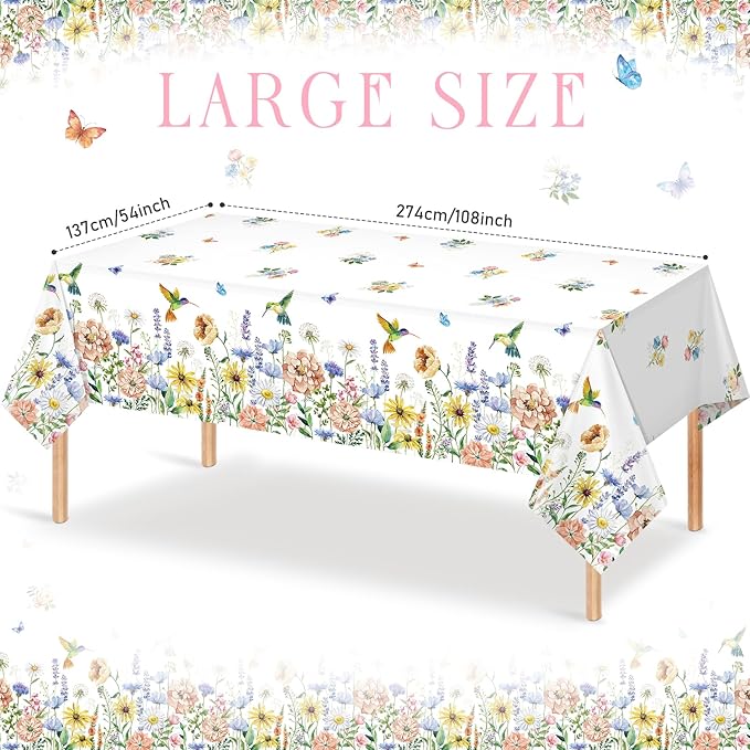 3 Pack Spring Summer Floral Tablecloth Decorations, Wildflower Plastic Disposable Table Cloth, Wild Flower Rectangle Table Cover for Garden Picnic Baby Shower Tea Party Decorations, 54x108 Inch