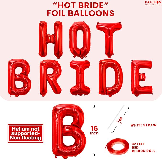 KatchOn, Red Hot Bride Balloons - 16 Inch | Bridal Shower Decorations, Bachelorette Party Favors | Red Bride Balloon for Bride To Be Decorations | Wedding Balloons, Wedding Shower, Bridal Shower Decor