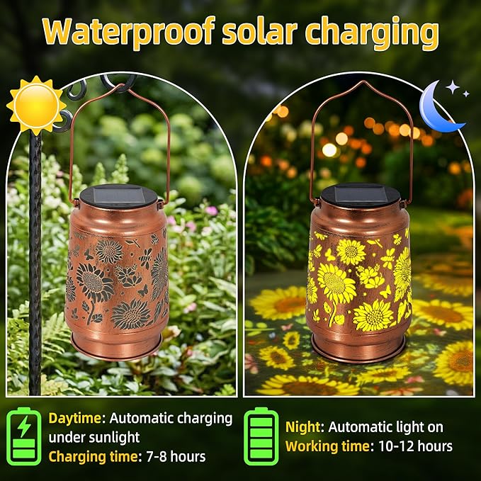 Solar Lantern Outdoor Waterproof, Gifts for Women Mom Grandma, Hanging Metal Light Sunflower Garden Decor for Yard Patio Lawn