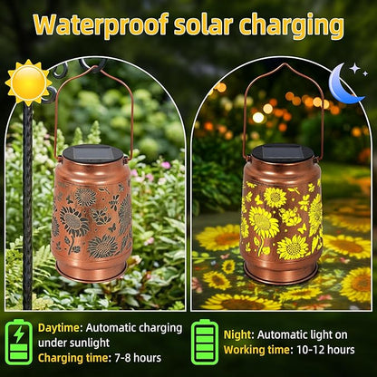 Solar Lantern Outdoor Waterproof, Gifts for Women Mom Grandma, Hanging Metal Light Sunflower Garden Decor for Yard Patio Lawn