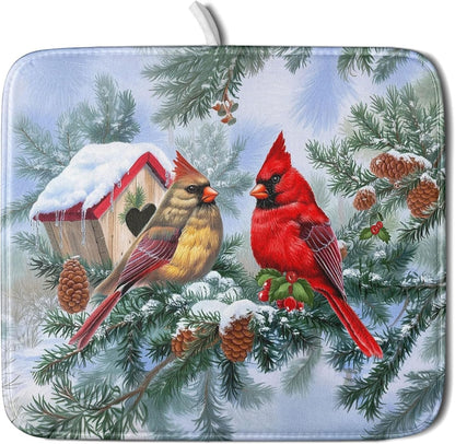 Winter Red Cardinal Bird Dish Drying Mat for Kitchen Counter,Holly Berry Branches Xmas Snowflake Cabin Drying Mat 16 x 18 Inch with High Absorbent