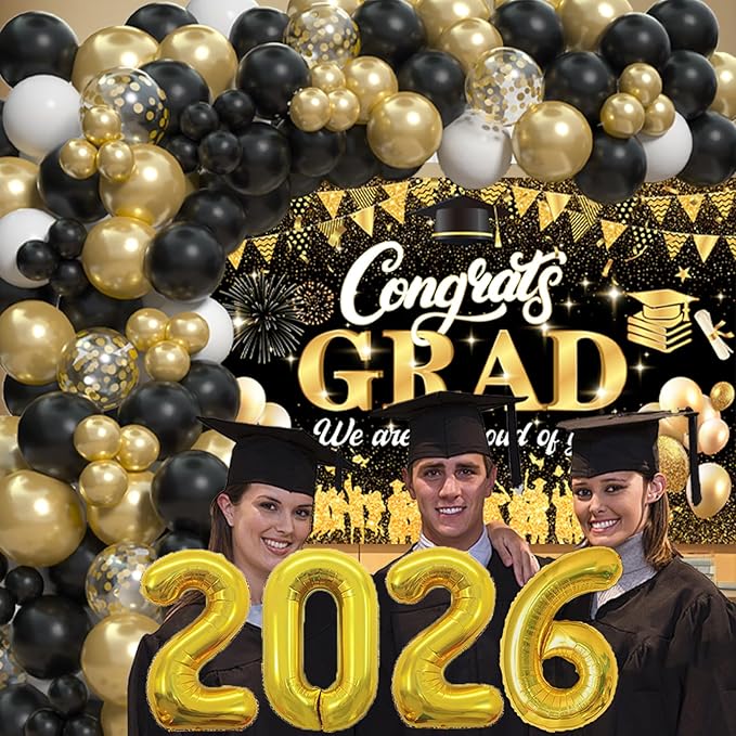 Black Gold 2026 Graduation Party Decorations - Graduation Balloon Arch Kit With Black Gold Graduation Balloons, Congrats Grad Backdrop, 2026 Foil Balloons For High College School Graduation Decor