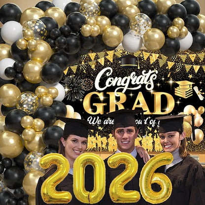 Black Gold 2026 Graduation Party Decorations - Graduation Balloon Arch Kit With Black Gold Graduation Balloons, Congrats Grad Backdrop, 2026 Foil Balloons For High College School Graduation Decor