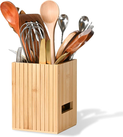 Fluted Bamboo Utensil Holder 6.5 Inch, Natural Kitchen Crock for Countertop, Modern Spoon and Spatula Organizer for Utensil Storage