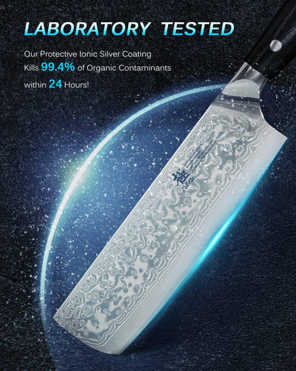 Kyoku Gin Series Nakiri Knife, 7" Vegetable Knife, Japanese VG10 Damascus Stainless Steel Kitchen Knife with Silver Ion Blade G10 Handle & Mosaic Pin