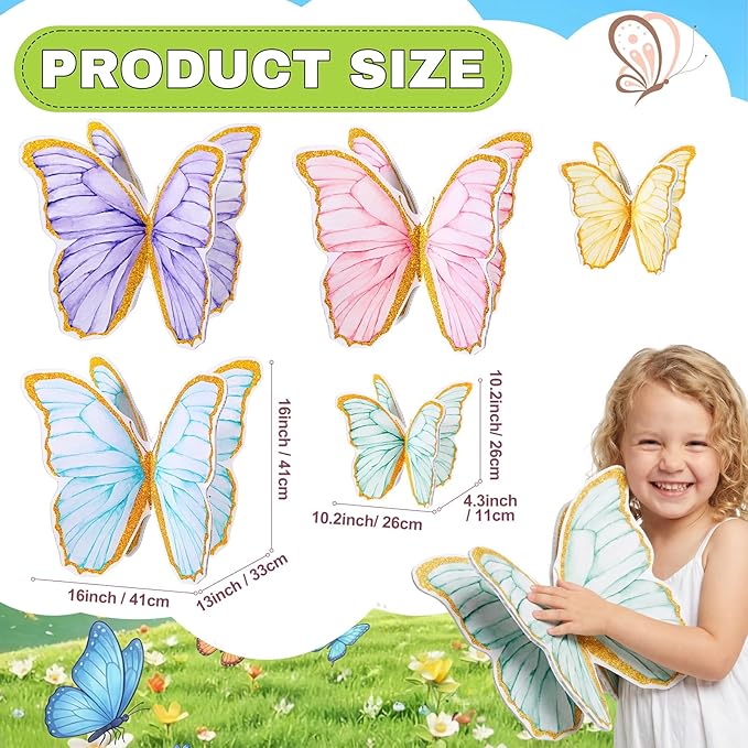 5 Pcs Giant Butterfly Garden Stakes Decorations, 3D Glitter Butterfly Yard Signs Spring Lawn Outdoor Decorative for Purple Tea Party Graduation Fairy Birthday Wedding Baby Shower Patio Decor