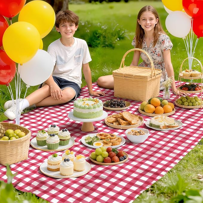 1 Pack Red Striped Gingham Tablecloths, 54 x 108 Inch Disposable Plastic Rectangle Table Covers, Waterproof Red and White Checkered Table Cloths for Picnic, Birthday, Party, Outdoor Events