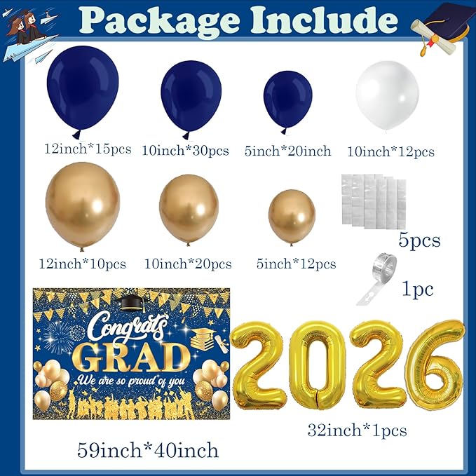 Blue And Gold 2026 Graduation Party Decorations - Graduation Balloon Arch Kit With Blue Gold Graduation Balloons, Congrats Grad Backdrop, 2026 Foil Balloons For High School Graduation Decorations